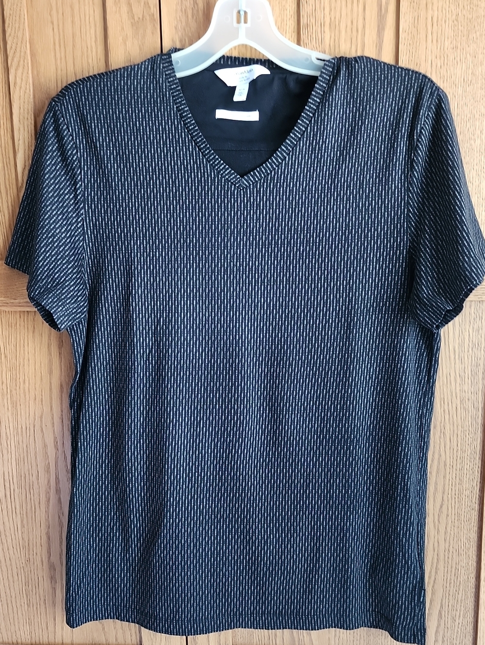 Calvin Klein Black V-Neck Short Sleeve Shirt with Subtle Pinstripe